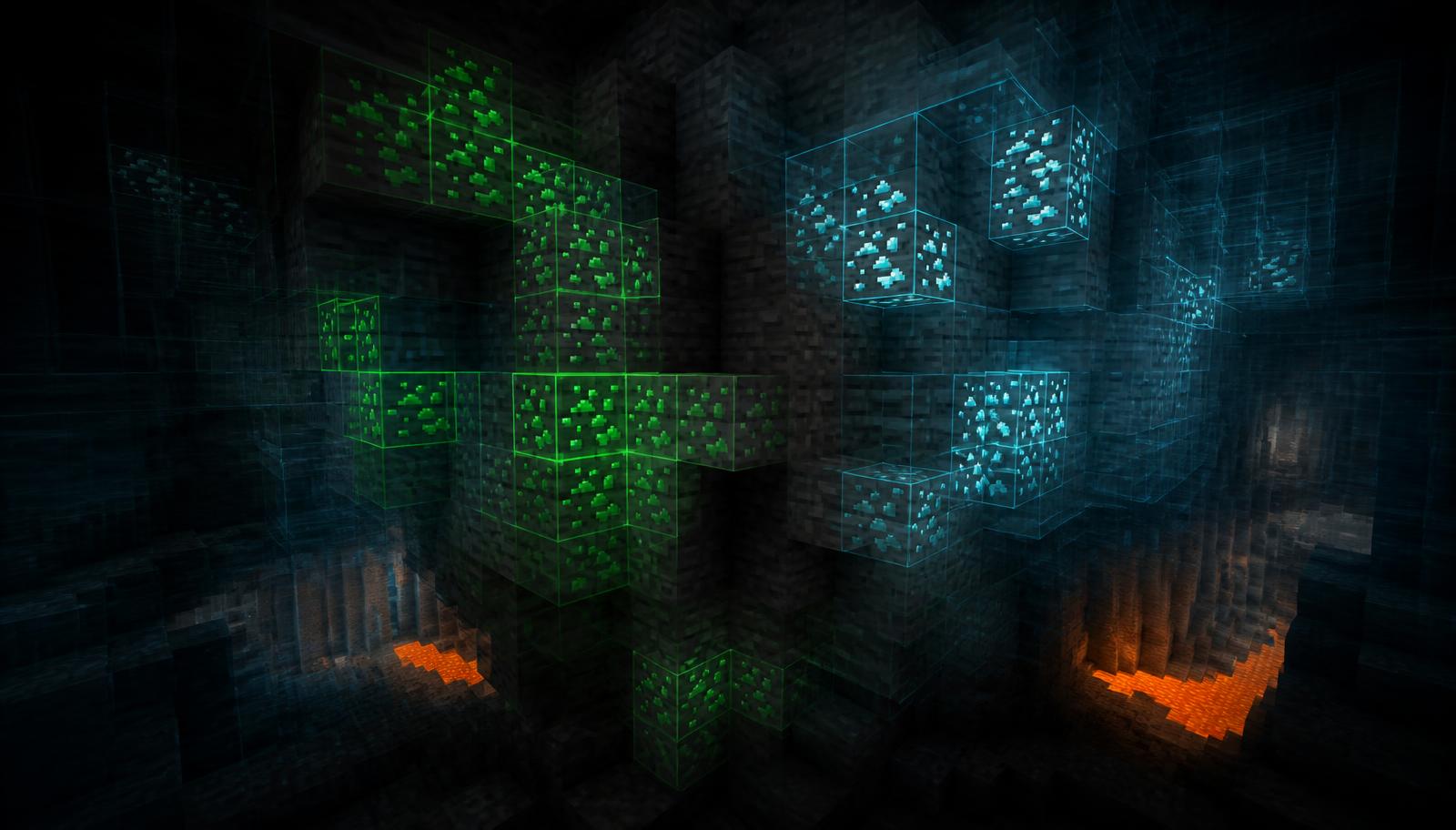 Minecraft cave with emerald and diamond ore highlighted through stone by X-Ray vision